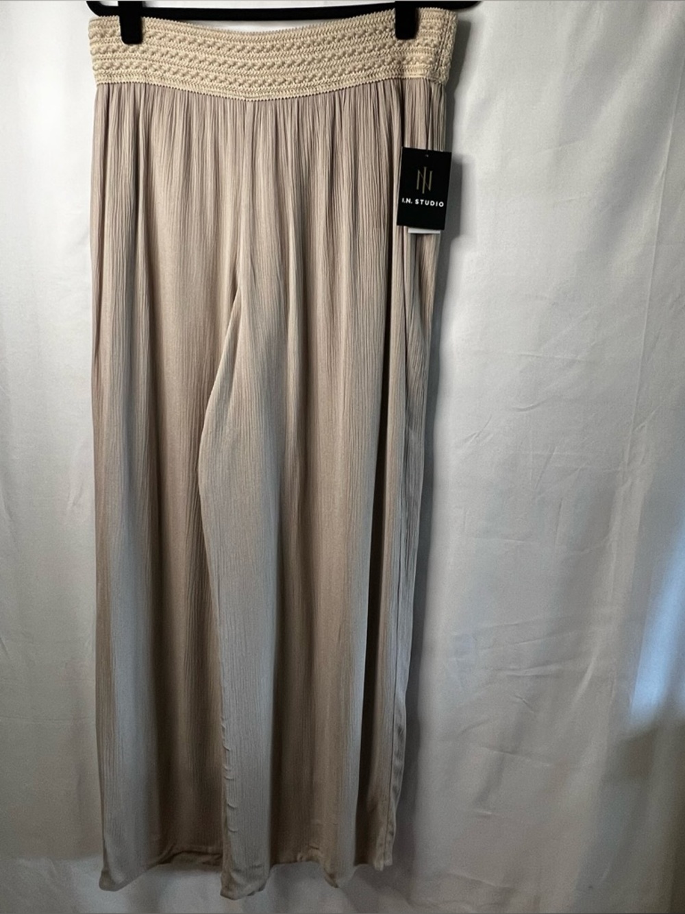 I.N. Studio Taupe Pleated Crochet wide leg pants NWT